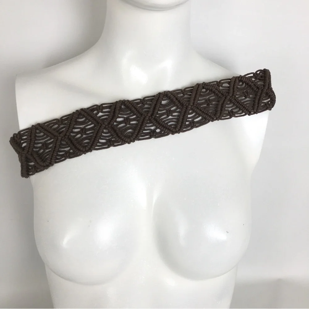 Women’s Boho Macrame Woven Fringe Statement Belt Tie Front Brown Coastal Cowgirl